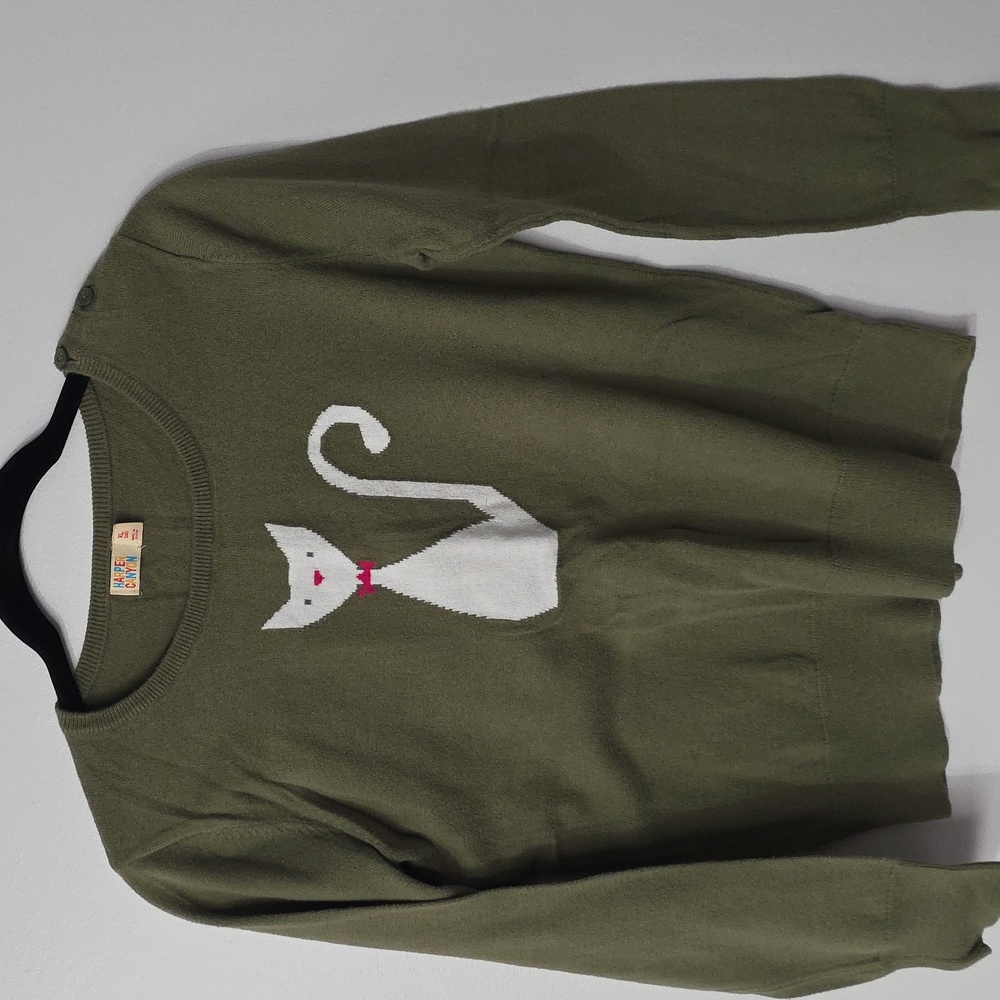 Girls' Harper Olive Sweater with Cat Motif - Size Xl